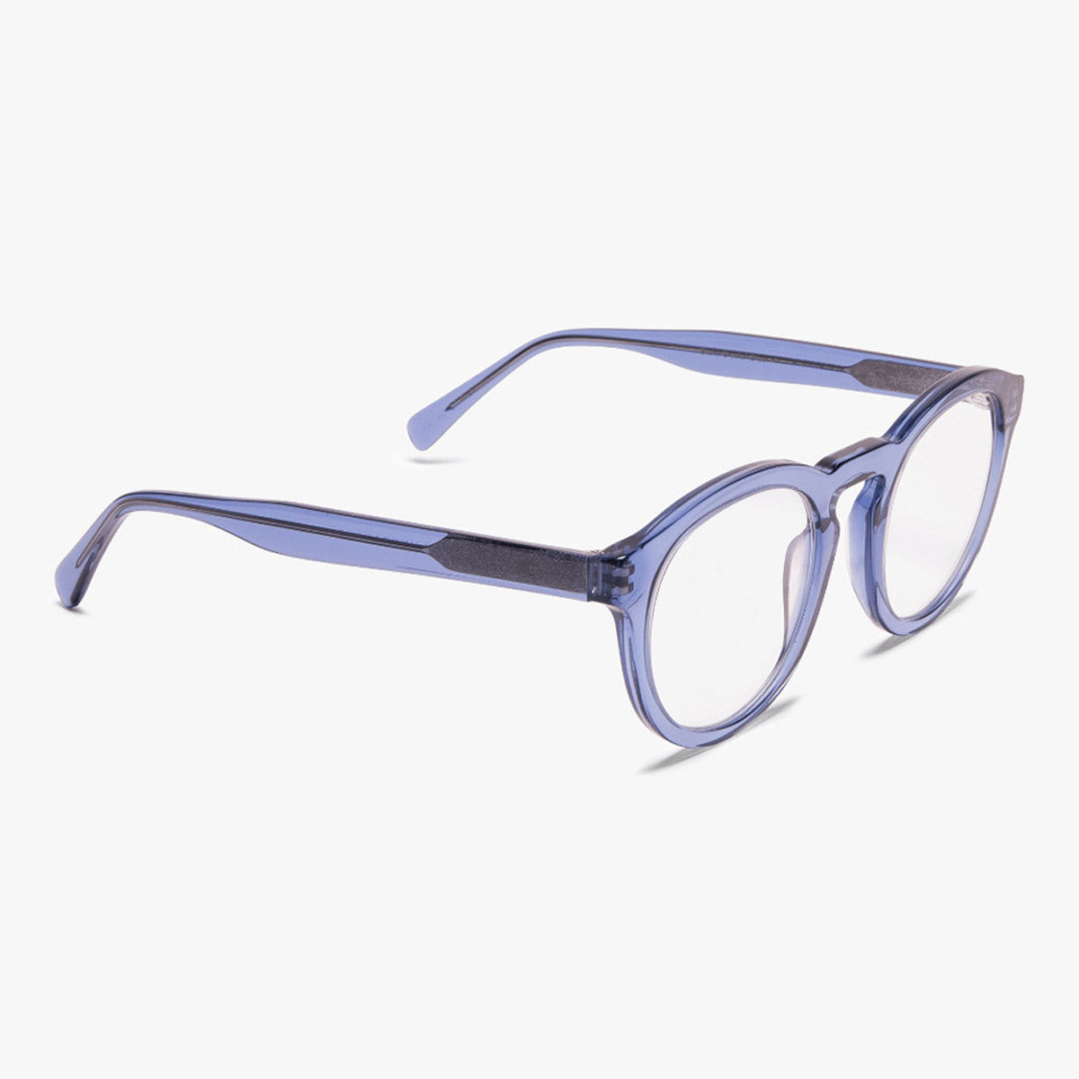 Luxreaders stylish Gråsten Crystal Blue Reading glasses. Made from Bio-acetate in a Round shape.