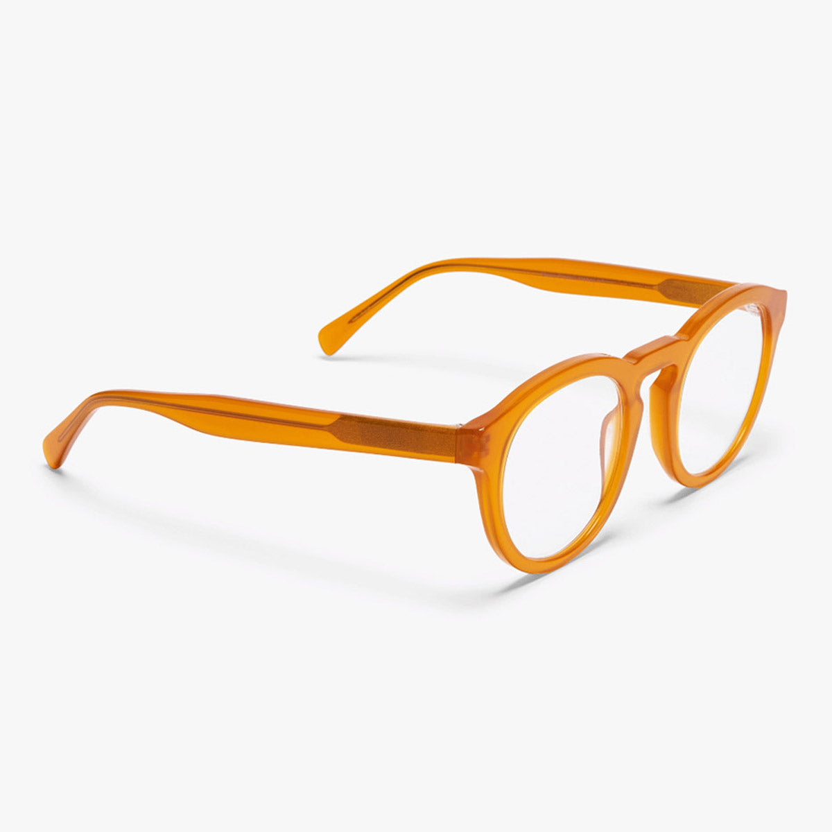 Luxreaders stylish Gråsten Crystal Honey Reading glasses. Made from Bio-acetate in a Round shape.