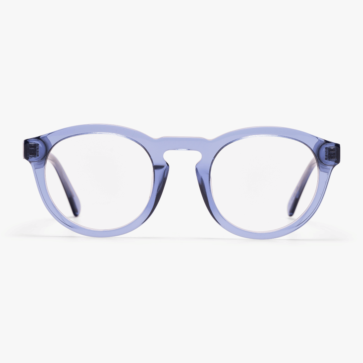 Luxreaders stylish Gråsten Crystal Blue Reading glasses. Made from Bio-acetate in a Round shape.