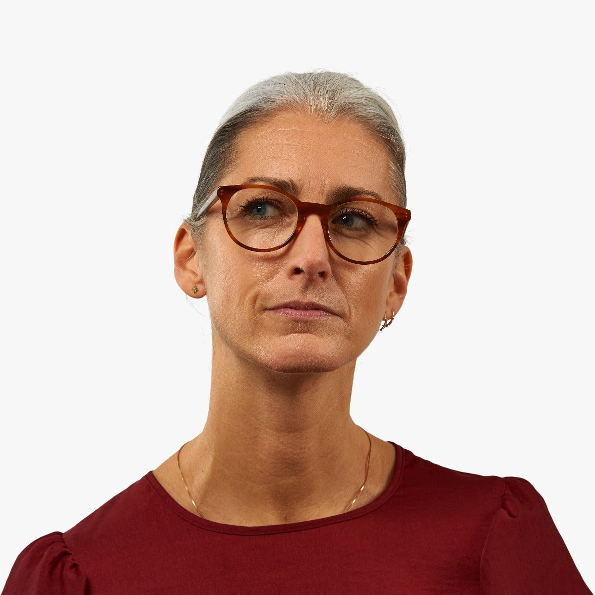 Luxreaders stylish Women's Örebro Shiny Walnut Reading glasses. Made from Acetate in a Iconic shape.