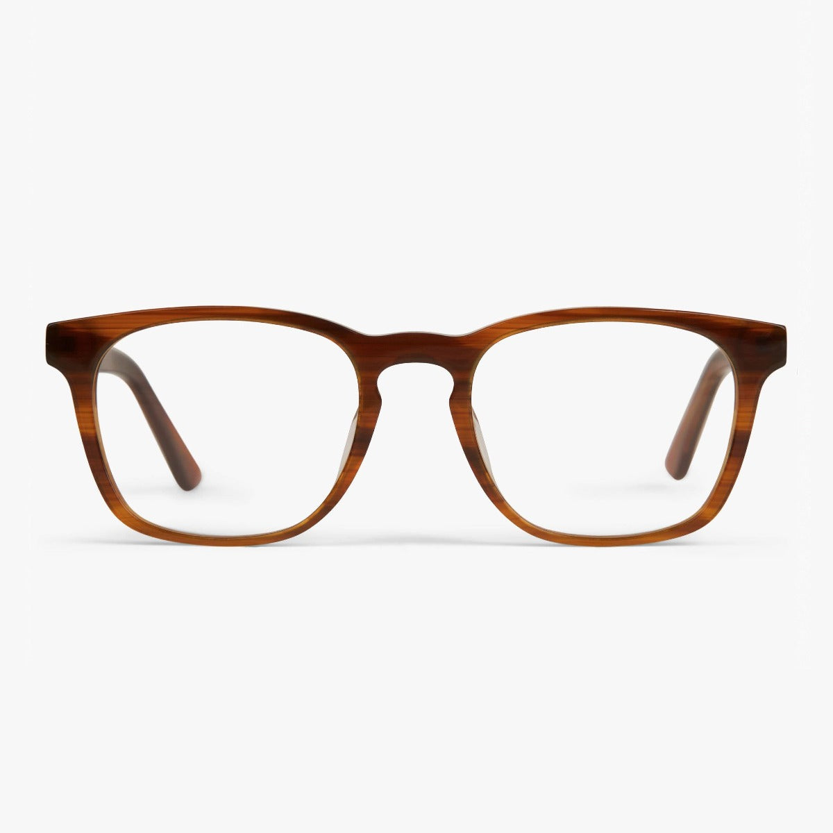 Luxreaders stylish Bornholm Shiny Walnut Blue light glasses. Made from Acetate in a Square shape.