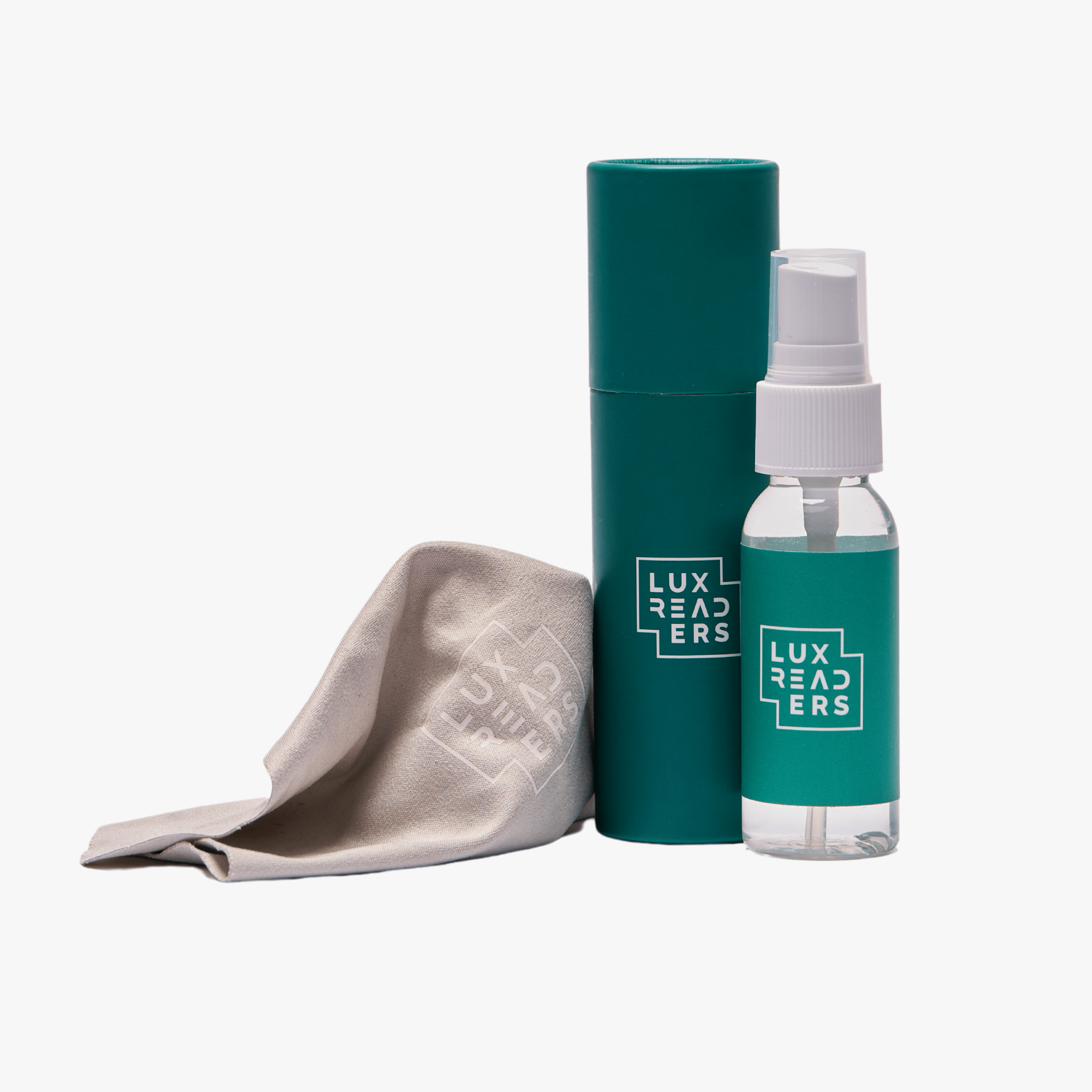 Luxreaders cleaning kit with cloth, spray bottle, and cylinder case