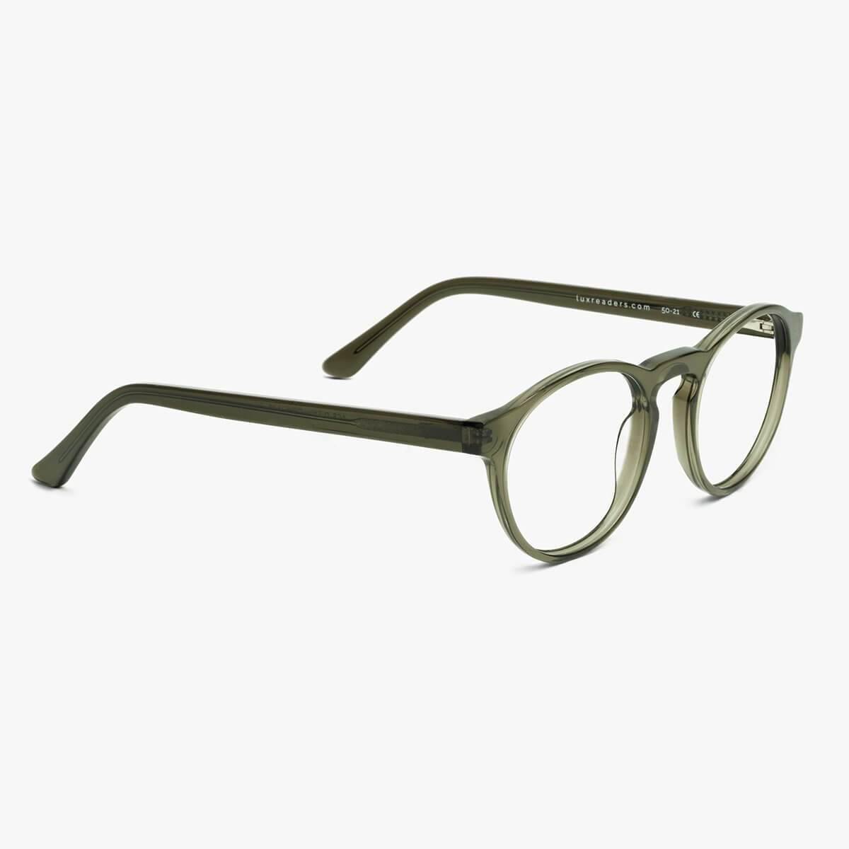 Luxreaders stylish Trondheim Shiny Olive Blue light glasses. Made from Acetate in a Round shape.