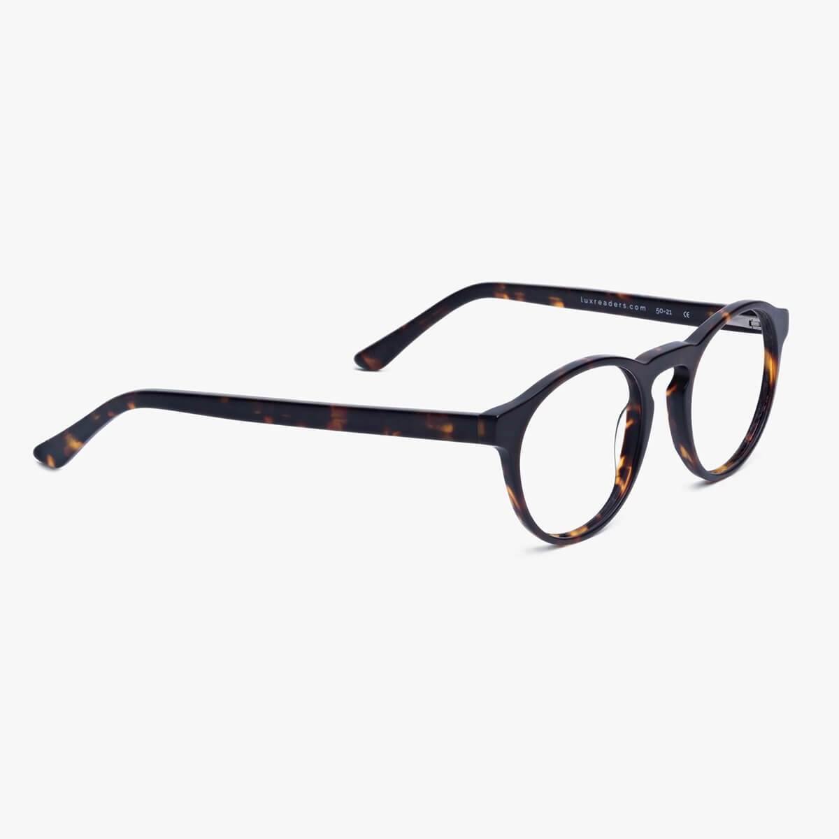Luxreaders stylish Trondheim Dark Turtle Blue light glasses. Made from Acetate in a Round shape.