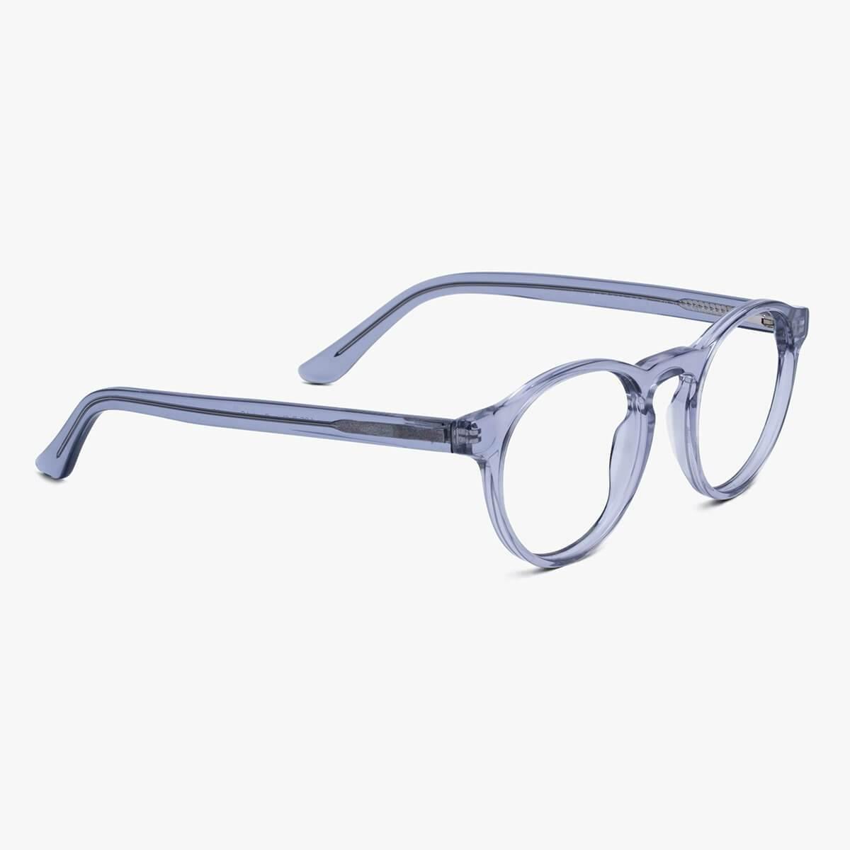 Luxreaders stylish Women's Trondheim Crystal Grey Blue light glasses. Made from Acetate in a Round shape.