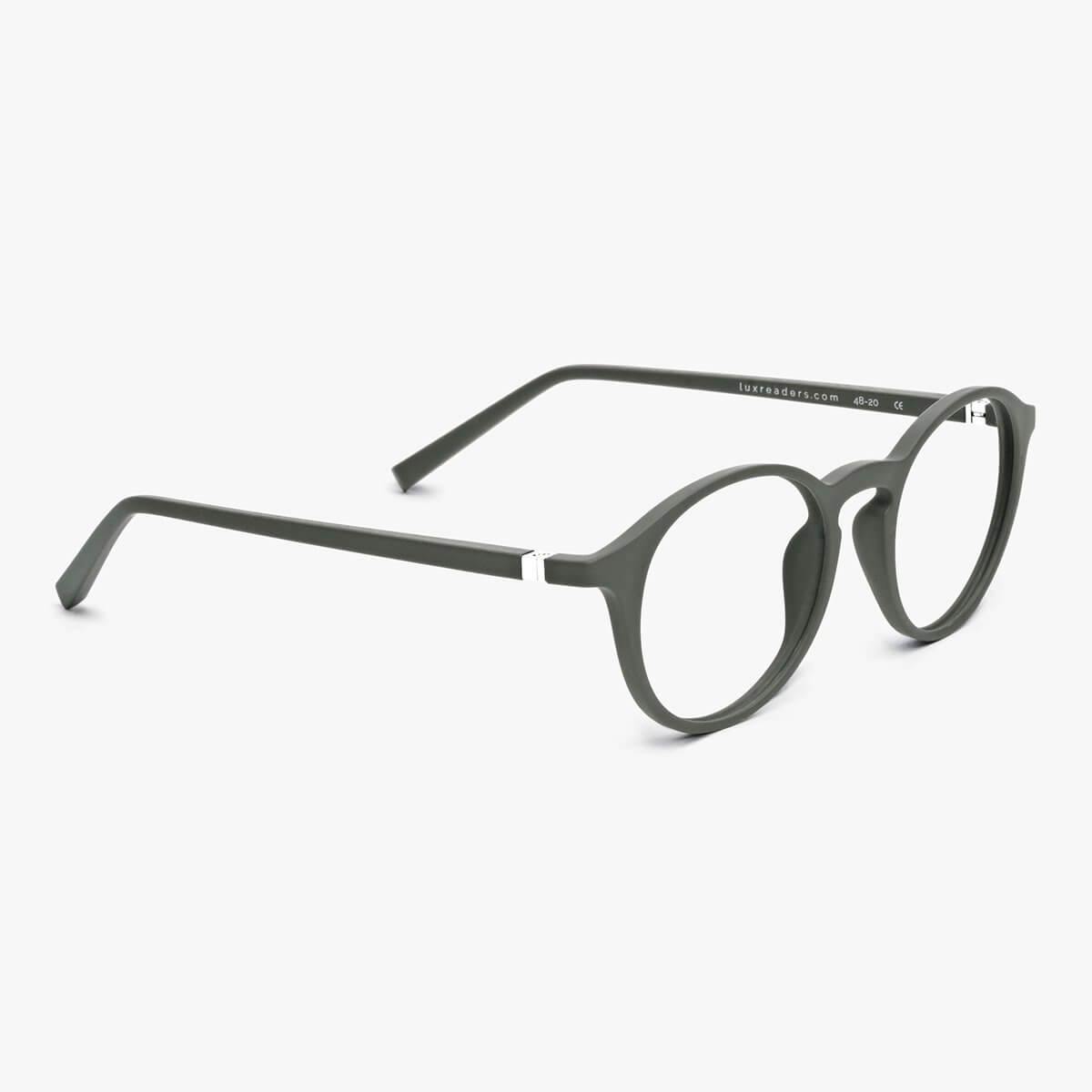 Luxreaders stylish Men's Læsø Dark Army Reading glasses. Made from Rubber in a Round shape.