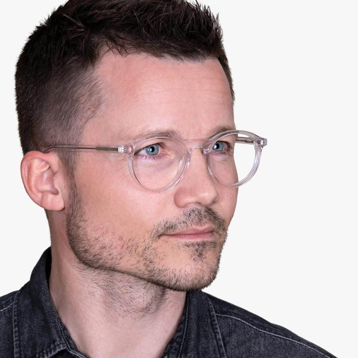 Luxreaders stylish Men's Løkken Crystal White Blue light glasses. Made from Acetate in a Round shape.