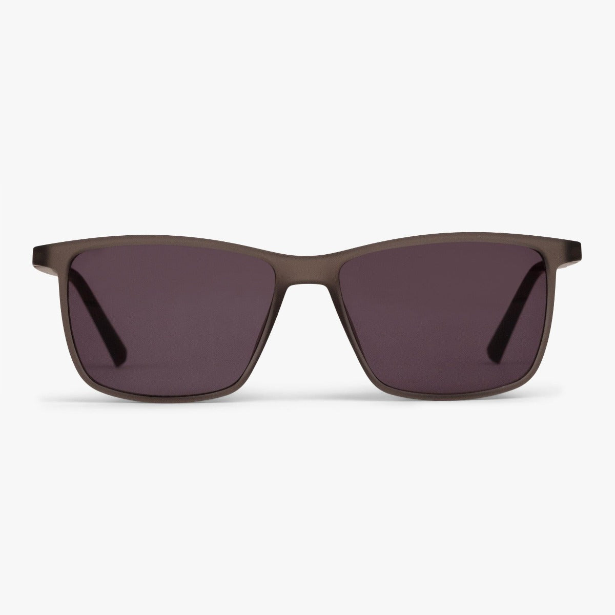 Rectangular grey sunglasses with dark lenses