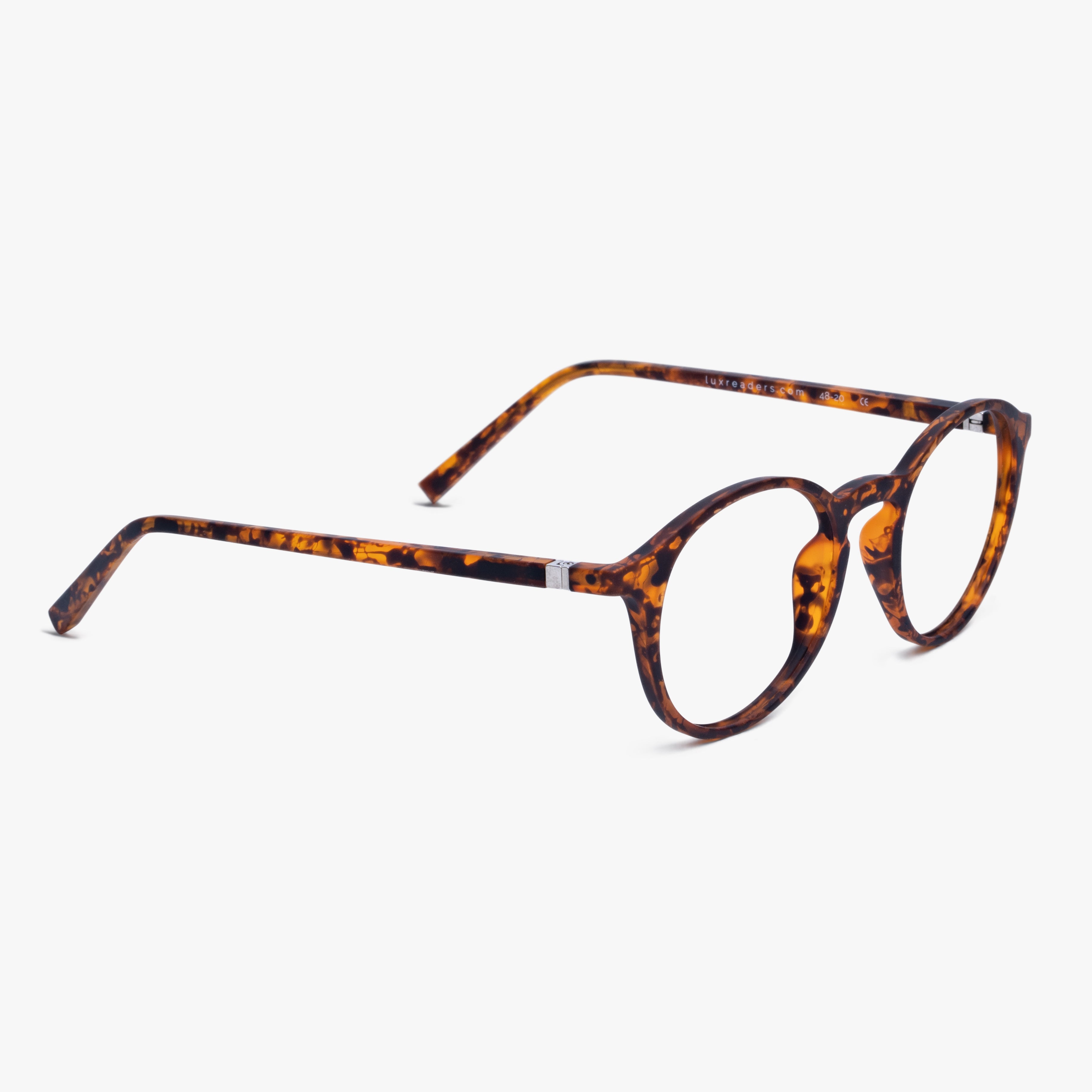 Tortoise shell reading glasses with round lenses and Luxreaders logo