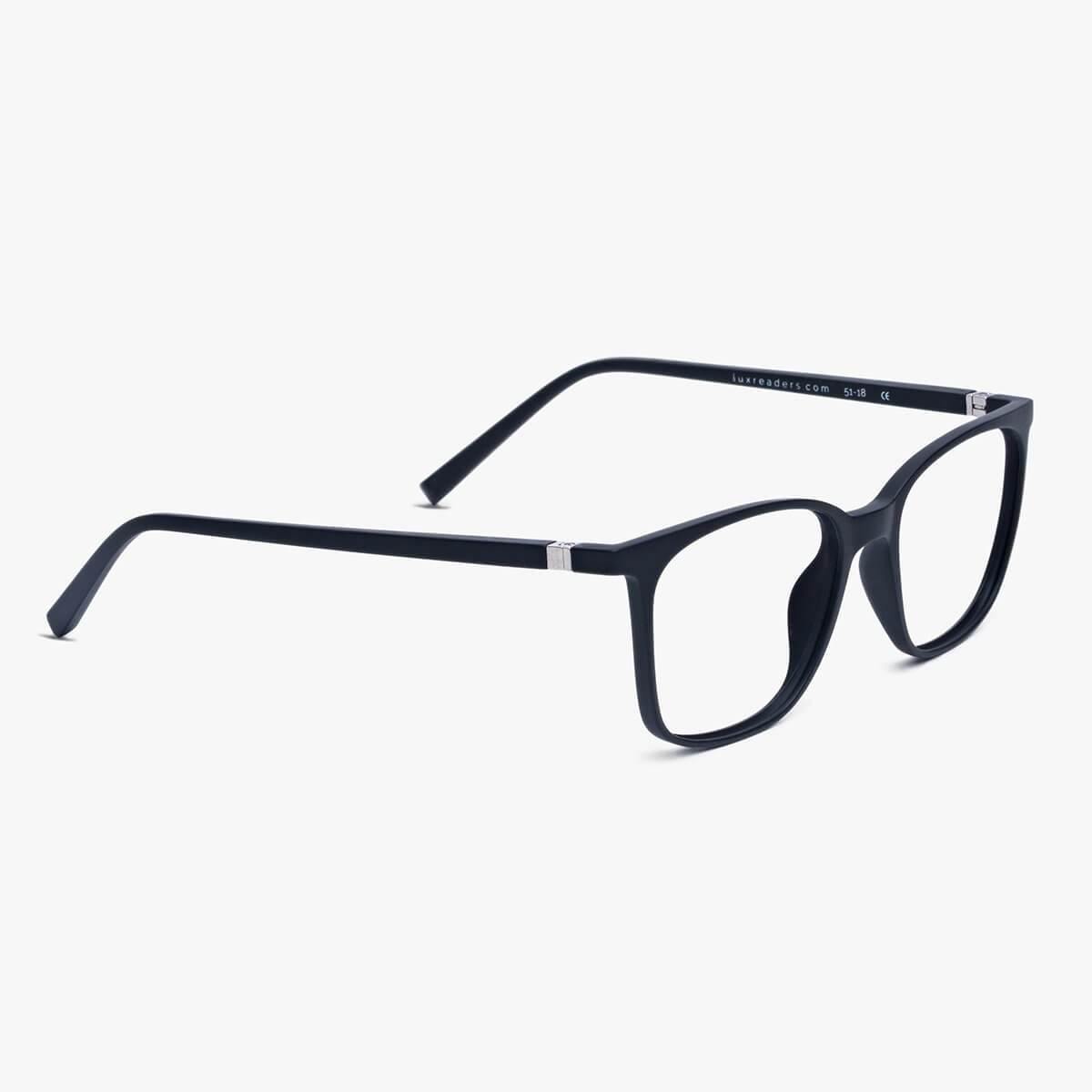 Men's Fyn Black square eyeglasses with matte black finish and Luxreaders logo