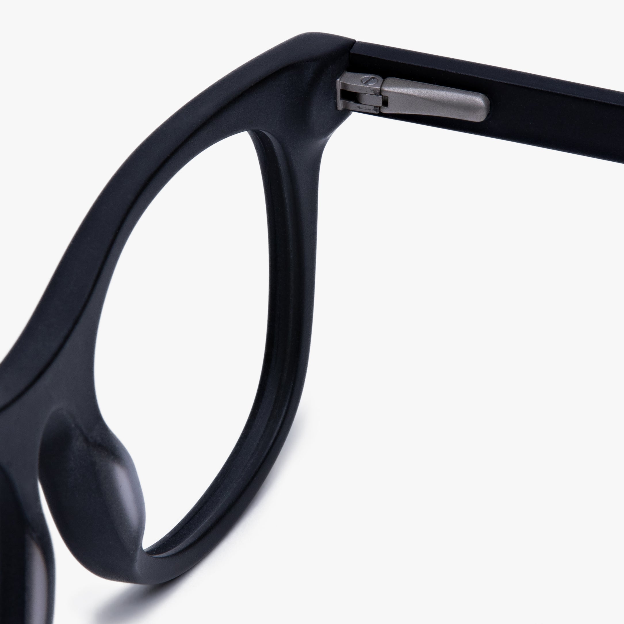 Close-up of black Malmö eyeglasses hinge and temple