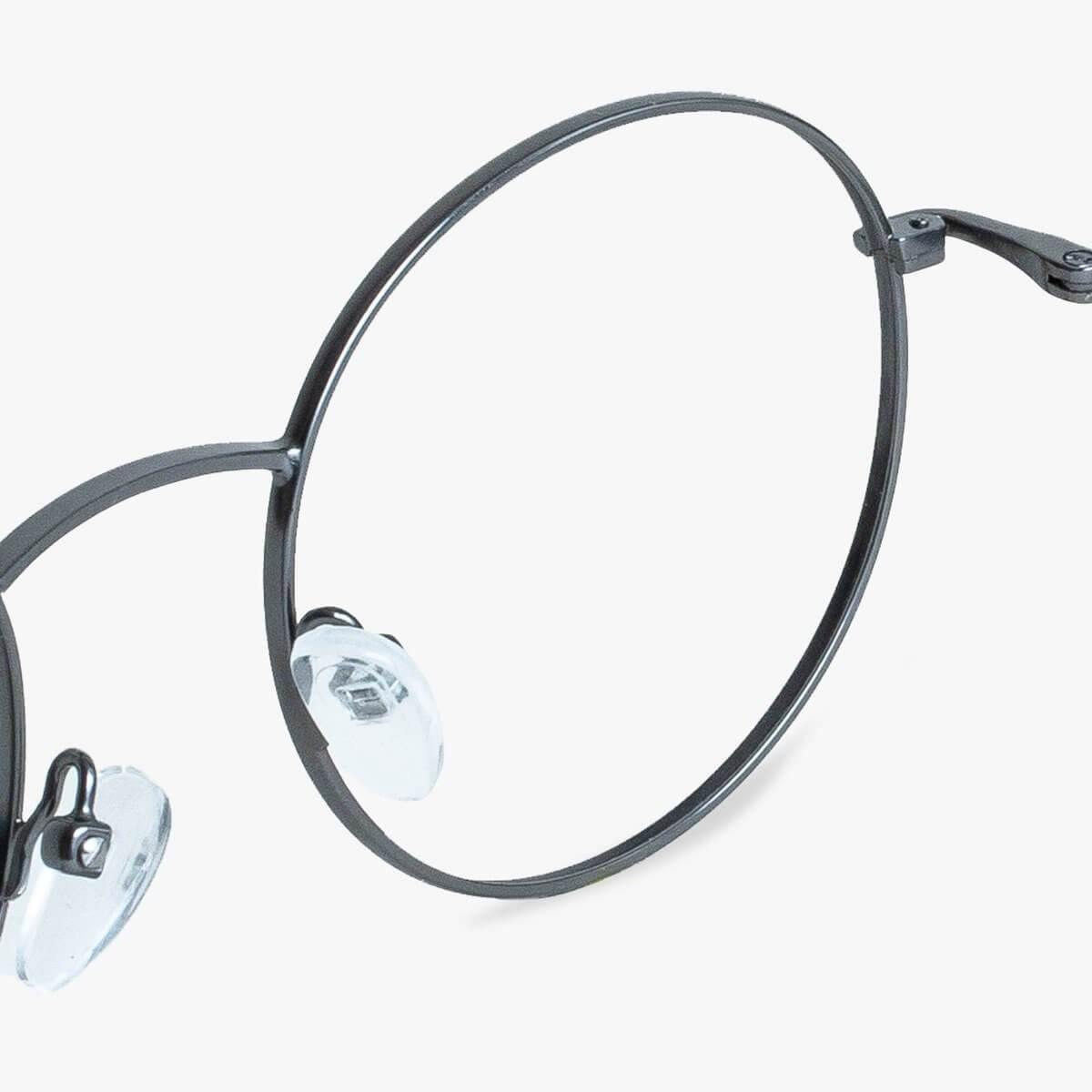 Round gunmetal reading glasses with clear nose pads