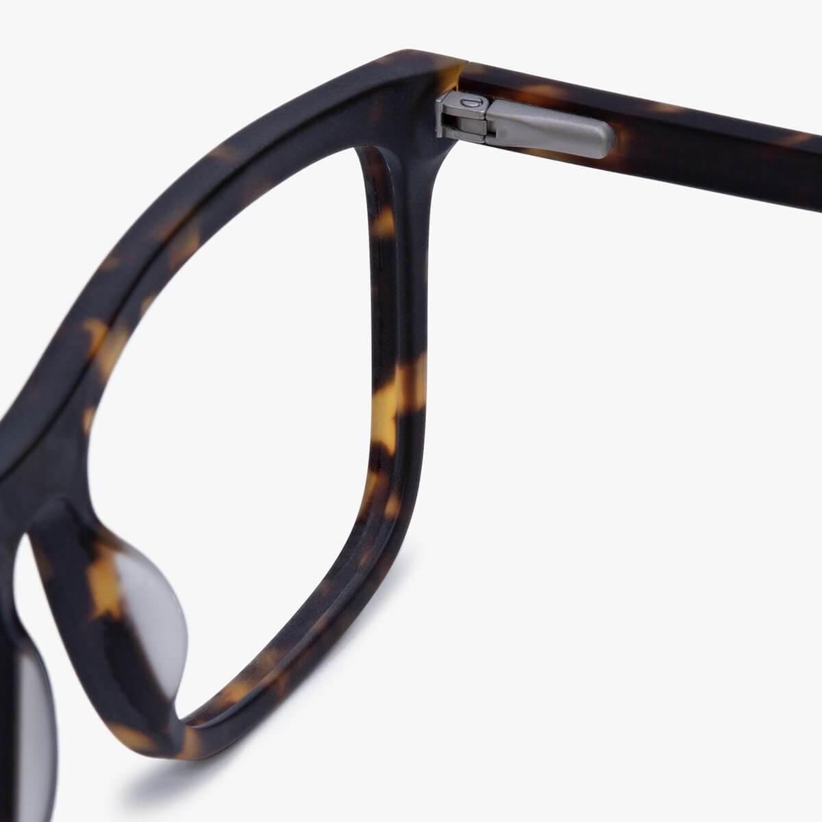 Close-up of Oslo Dark Turtle glasses with tortoise shell pattern