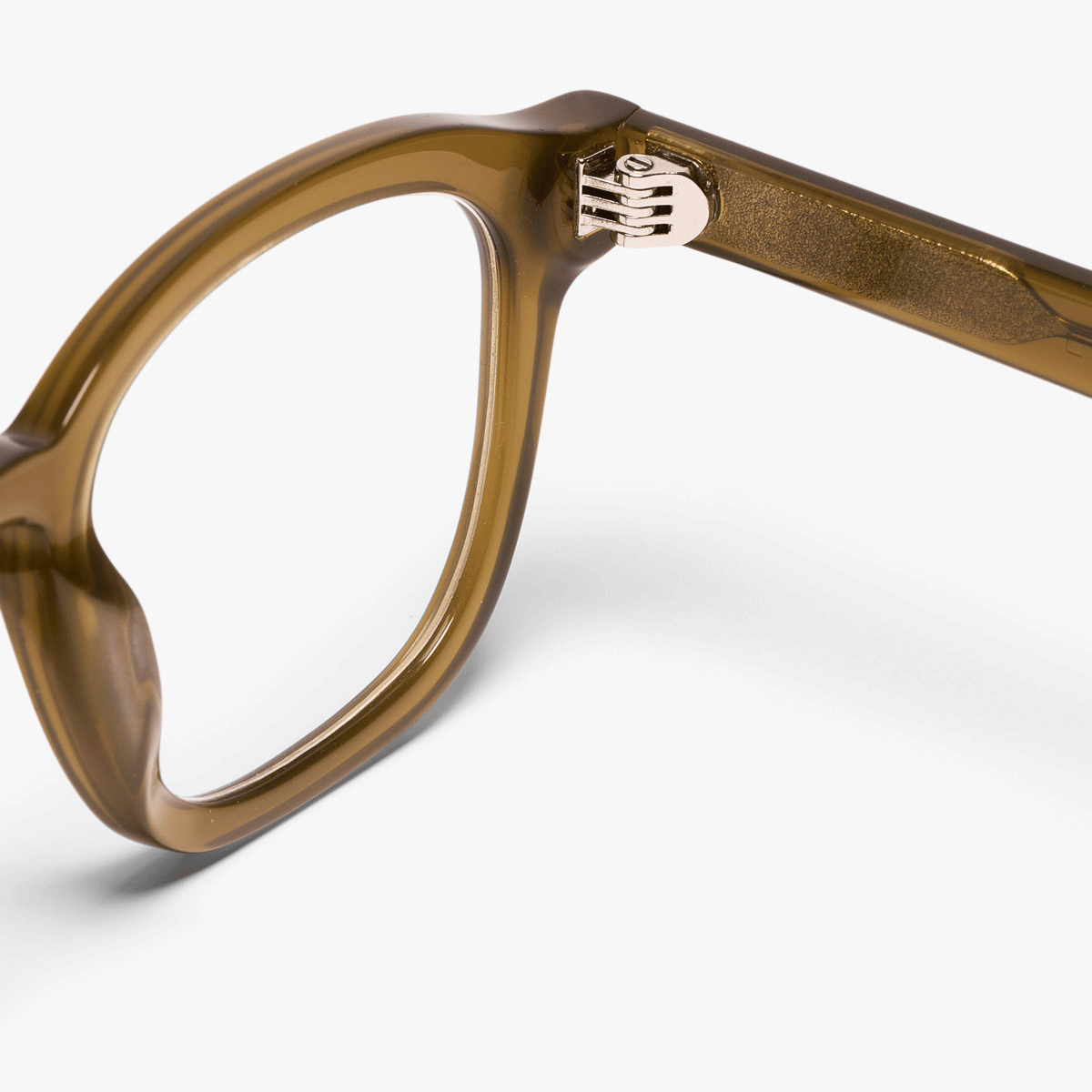 Close-up of Reykjavik Shiny Olive eyeglasses with sleek brown frame