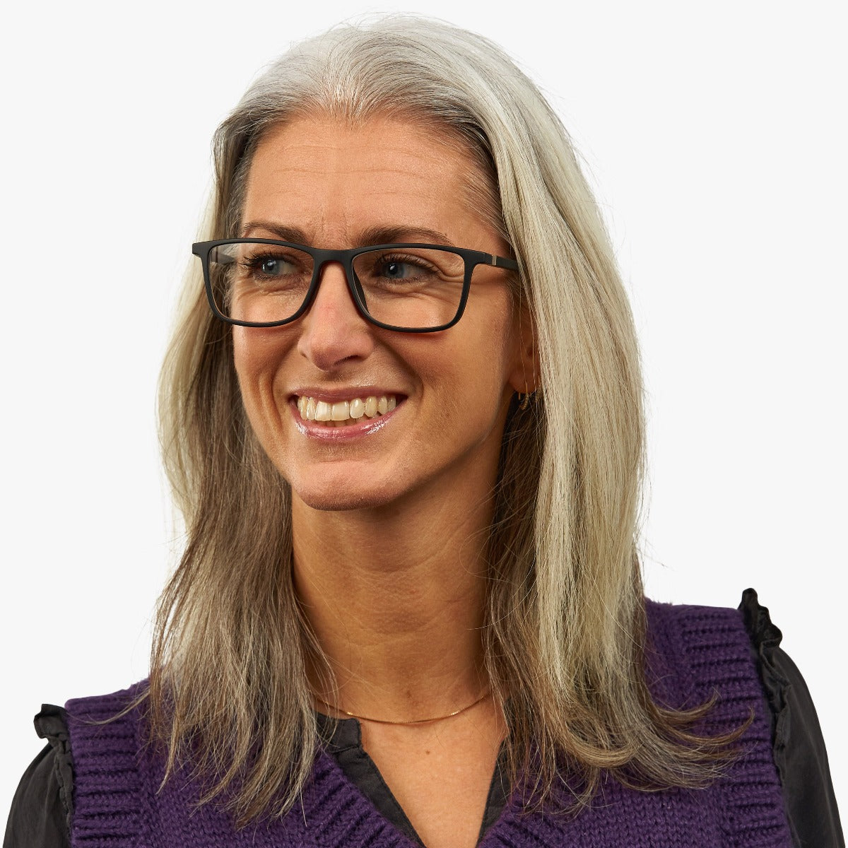Person wearing Skagen Black rectangle glasses