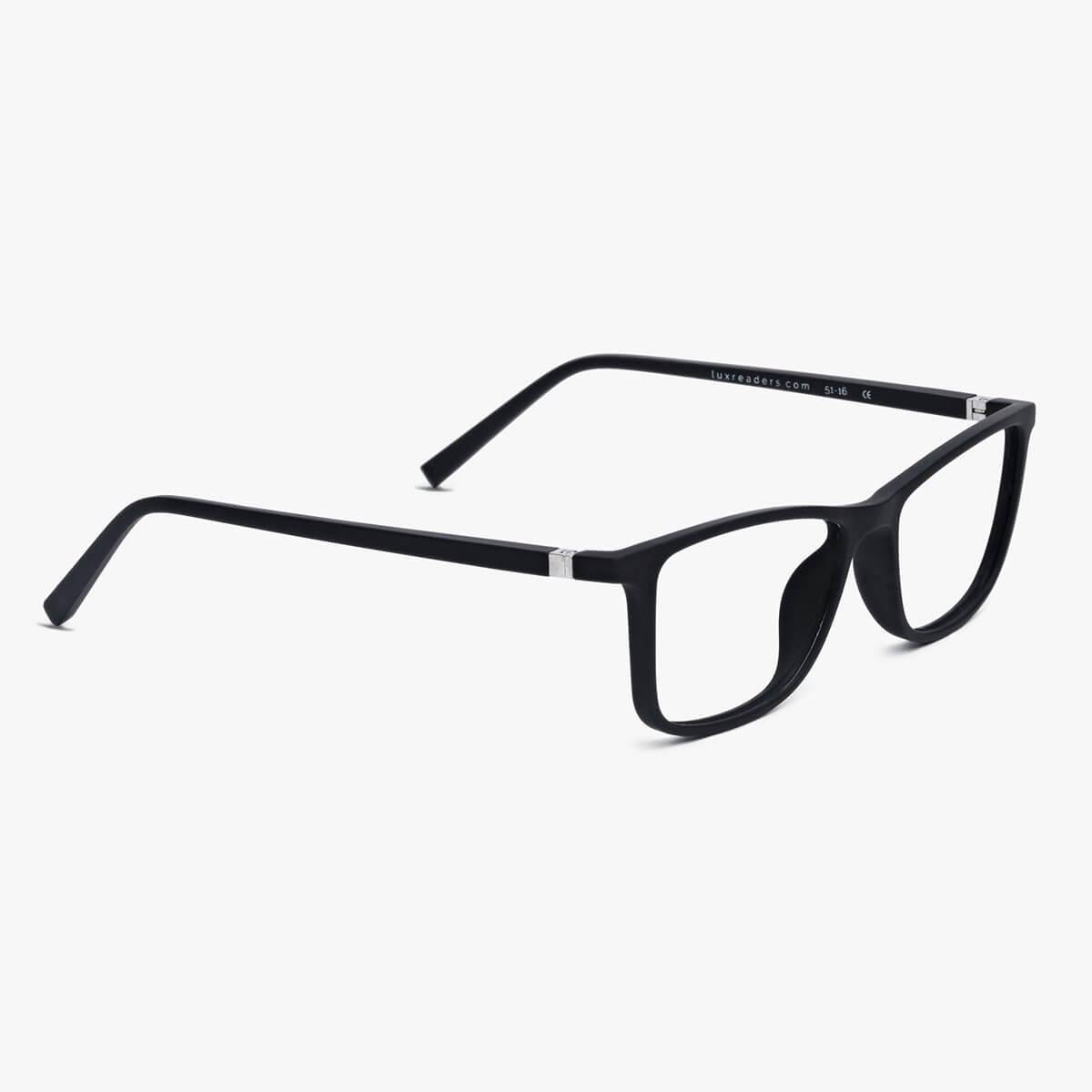 Black rectangular eyeglasses with Luxreaders engraved on the temples