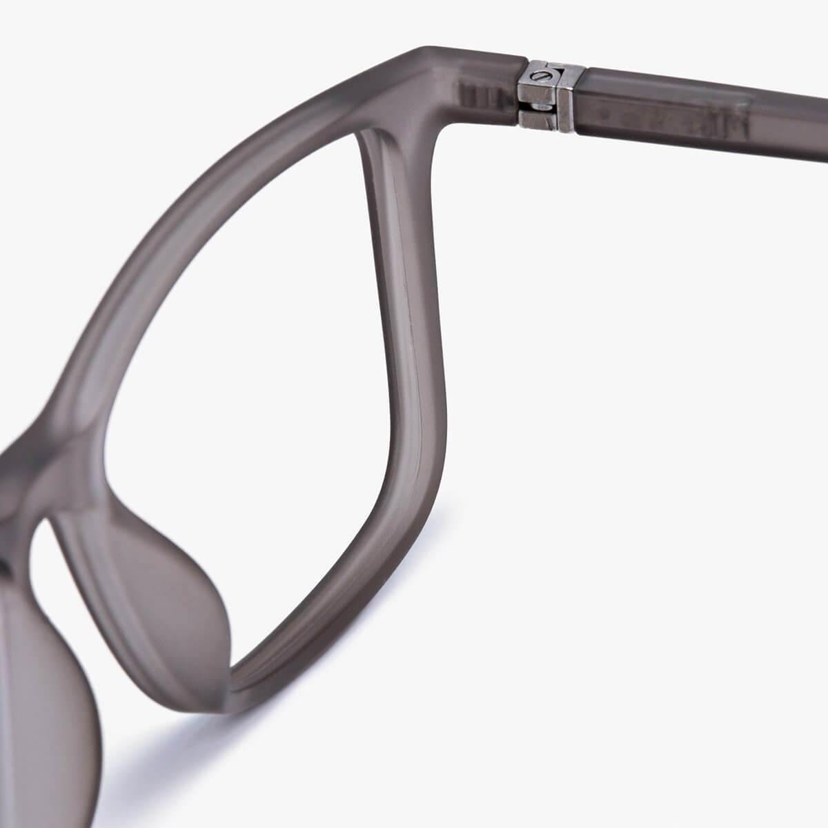 Close-up of Skagen Grey glasses with matte gray frame