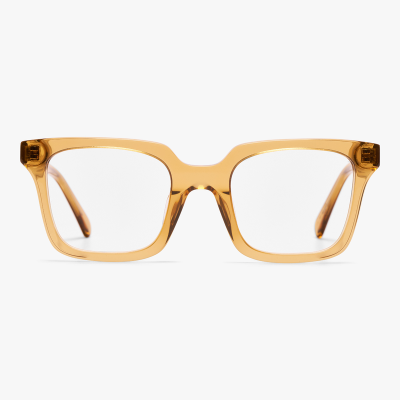 Square crystal caramel reading glasses with transparent frames