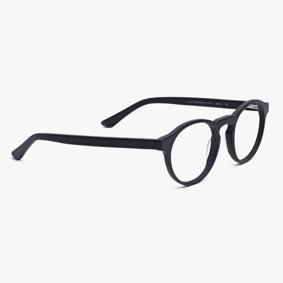 Trondheim Black round reading glasses in matte black with Luxreaders branding