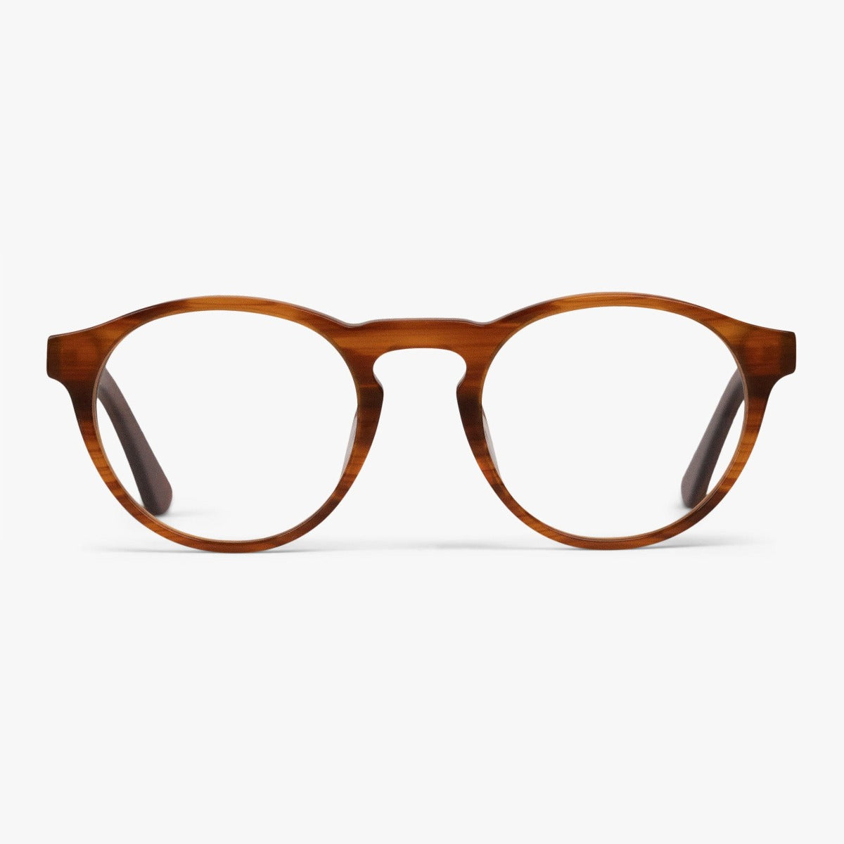 Round shiny walnut reading glasses with a classic style