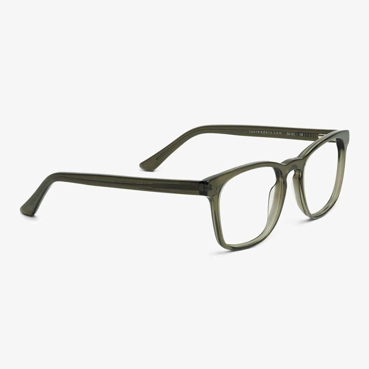 Women's Bornholm Shiny Olive reading glasses with Luxreaders logo