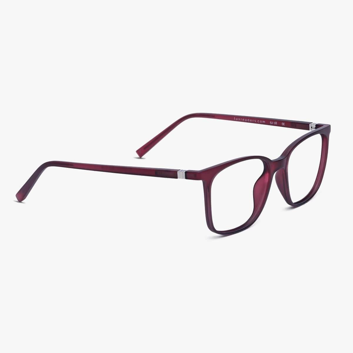 Red eyeglasses with rectangular frames by Luxreaders