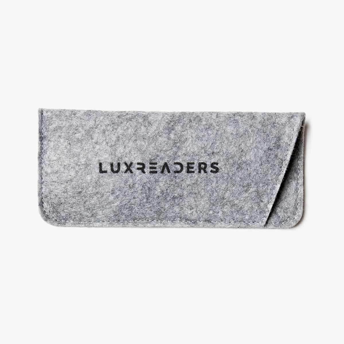Gray felt case with Luxreaders logo