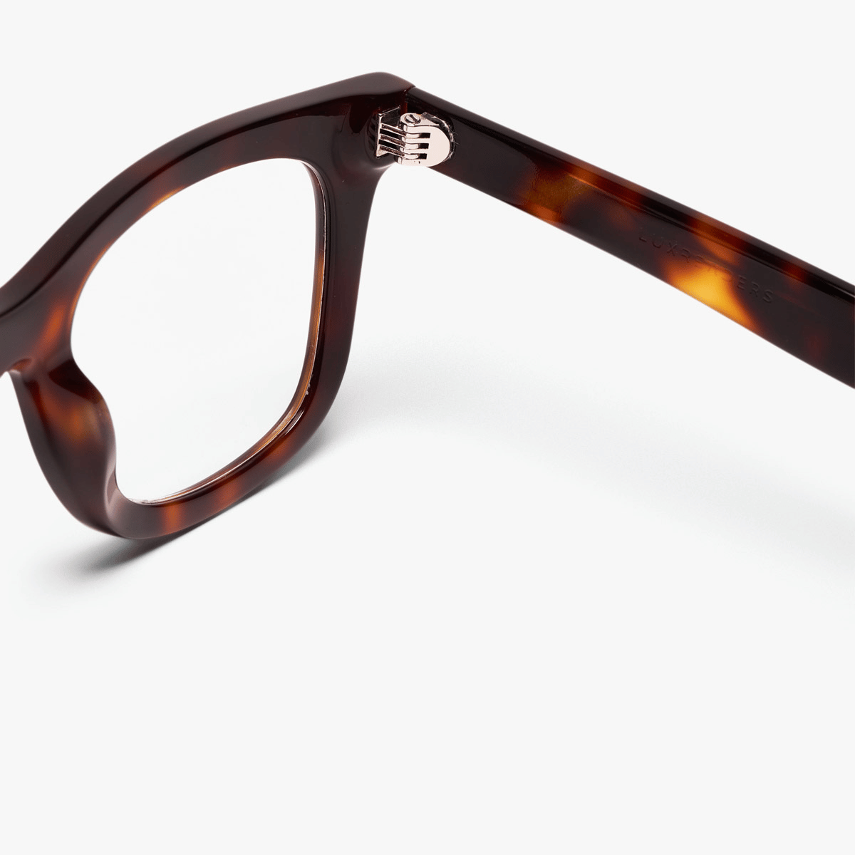 Tortoiseshell chunky acetate frame with Luxreaders logo on the temple